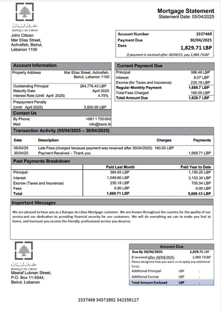 Download Lebanon Banque du Liban mortgage statement Word and PDF template Photoshop template